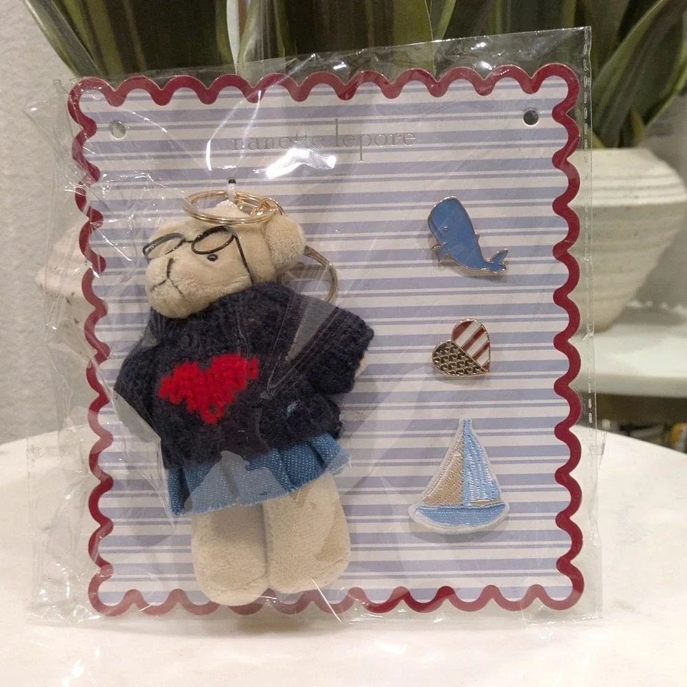 Nanette Lepore Teddy Bear Bag Charm and Pin Set 4th of July Blue Nautical NEW